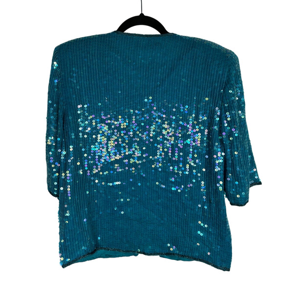 Nordstrom 2-Piece S Beaded SILK Suit SET Sequin Jacket Pull On Skirt Teal Blue - Picture 5 of 12